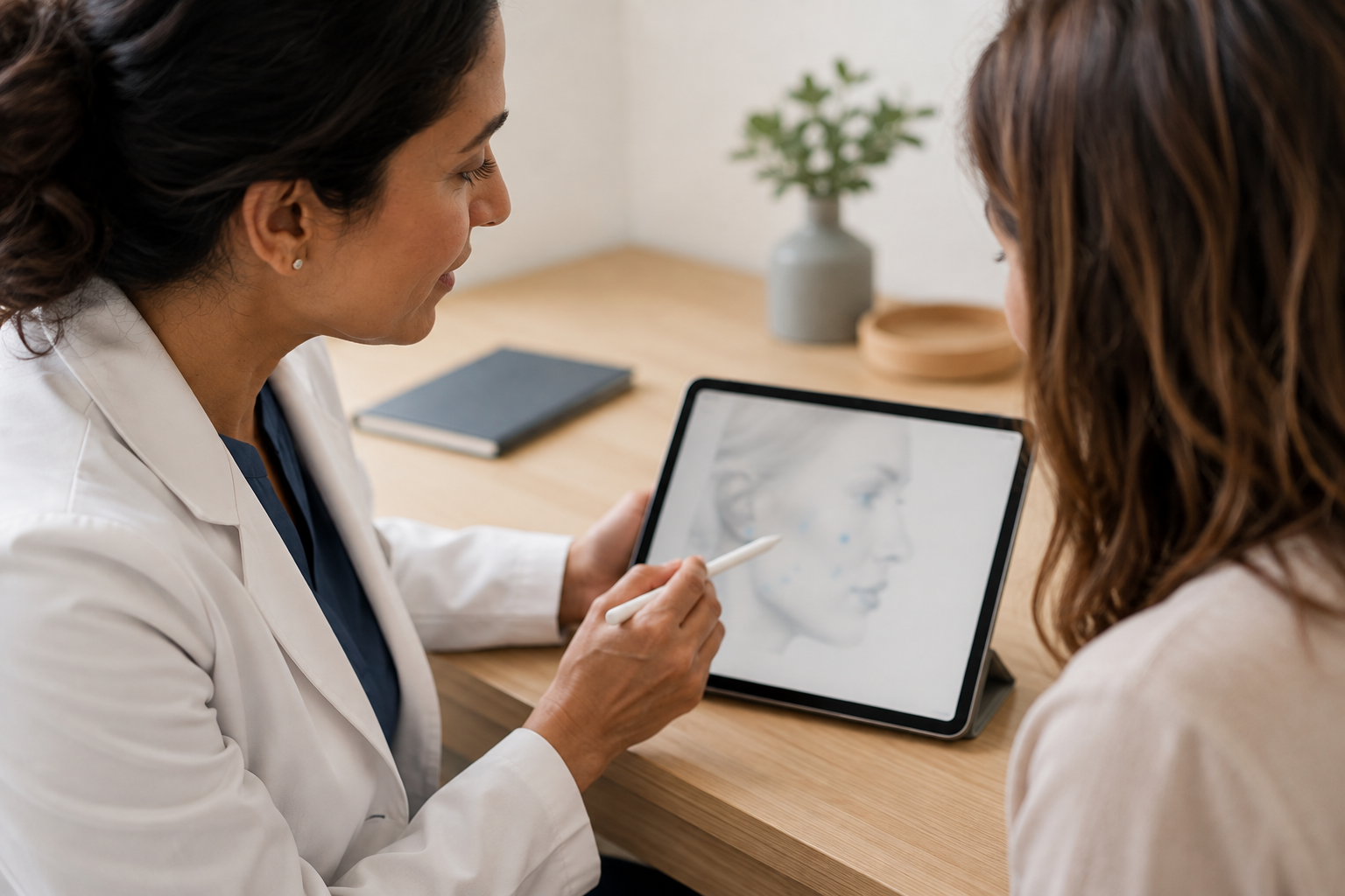 Cena gerada por IA: Profissional usa uma caneta digital para revisar uma representação facial no tablet.